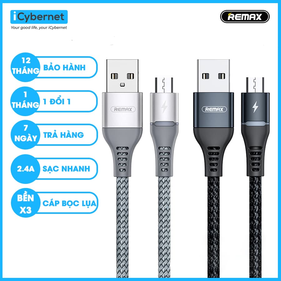 Cáp sạc nhanh 2.4A và truyền dữ liệu cho android Remax Colorful Light RC-152m Hàng chính hãng - Xám