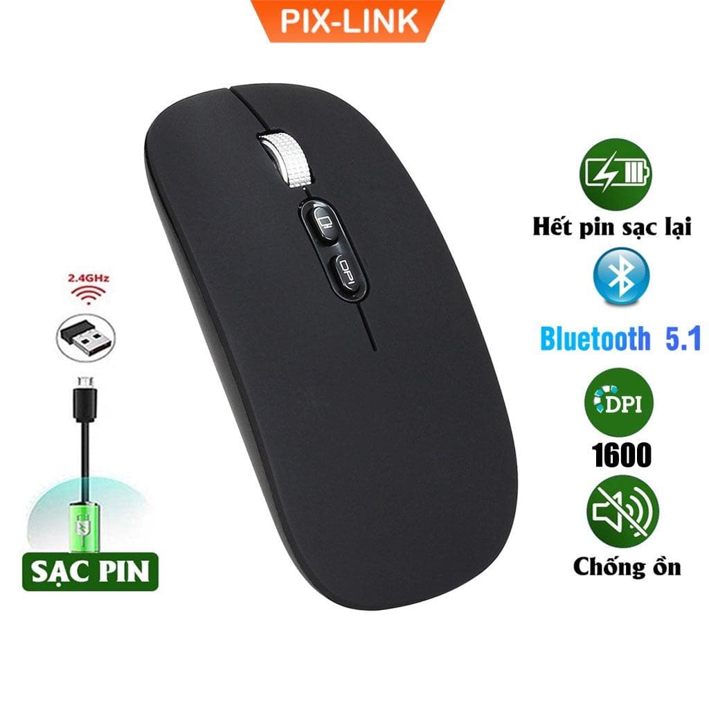 Chuột bluetooth PIXLINK P103BL 2 chế độ sạc pin siêu mỏng không gây tiếng ồn chuyên dùng cho Máy tính, pc, Laptop, Tivi Hàng Chính Hãng - Đen Bluetooth