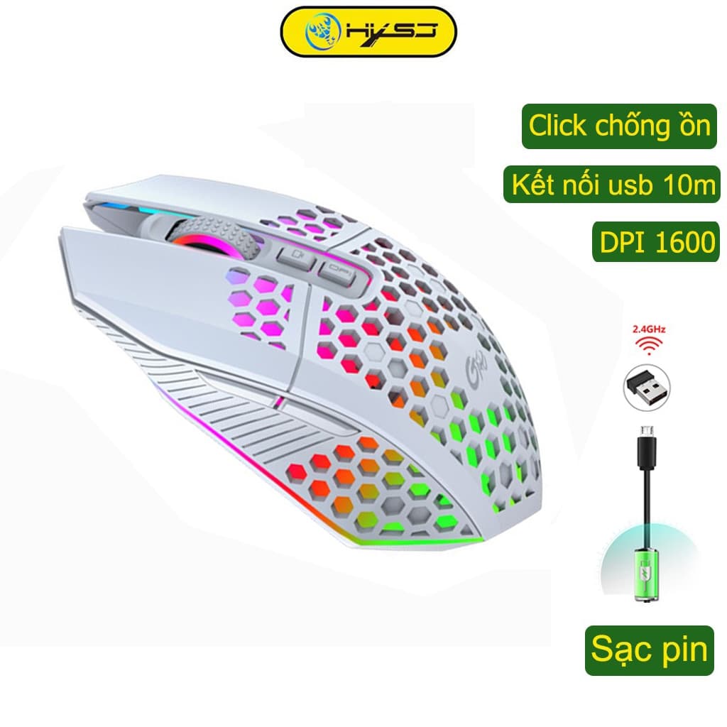 Chuột không dây chơi game HXSJ X801 thiết kế độc lạ Led RGB đổi màu click chống ồn DPI 1600 - Hàng chính hãng - Trắng led đổi màu