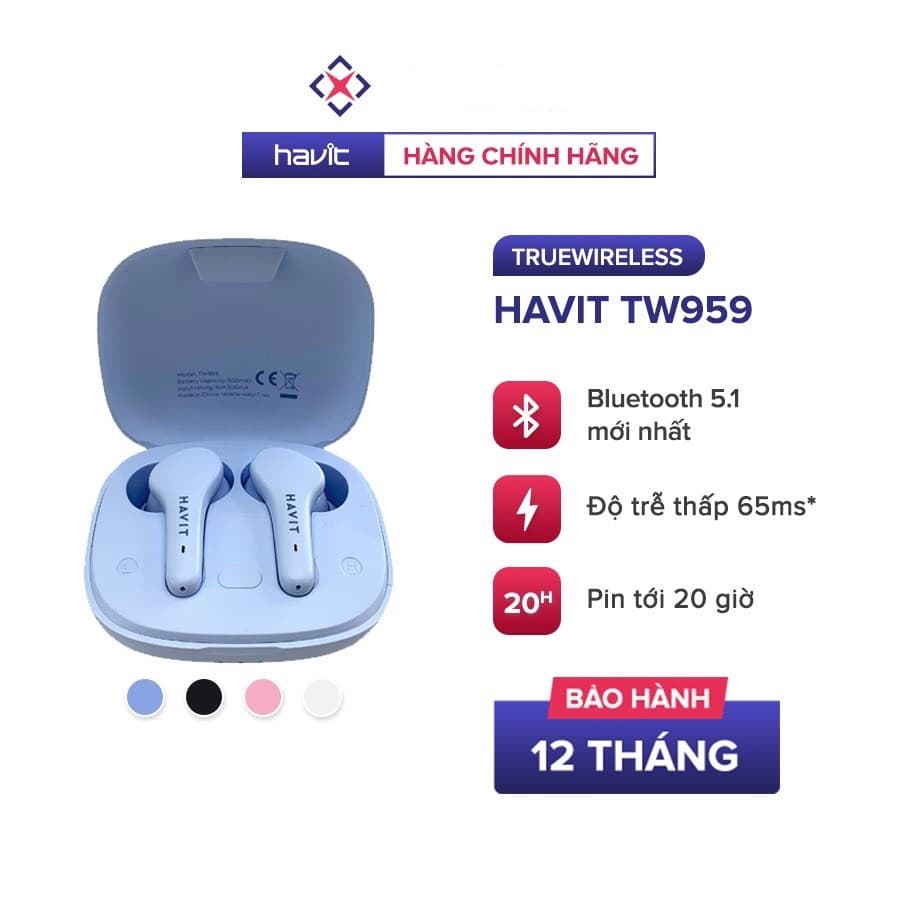 Tai Nghe True Wireless Havit TW959, Bluetooth 5.1, Độ Trễ Tới 0.065s, Kháng Nước IPX4, Pin Tới 20H - Hàng Chính Hãng - Màu xanh