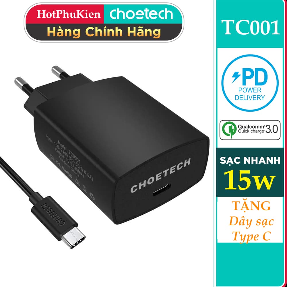 Tặng dây sạc Bộ cóc củsạc nhanh 15W chuẩn PD 3.0 Type-C hiệu CHOETECH TC0001 cho điện thoại  máy tính bảng  Macbook iPhone Samsung Huawei Xiaomi Oppo Nokia Trang bị chip sạc thông minh Đính kèm 1 dây sạc Type-C to Type-C - Hàng chính hãng - Đen