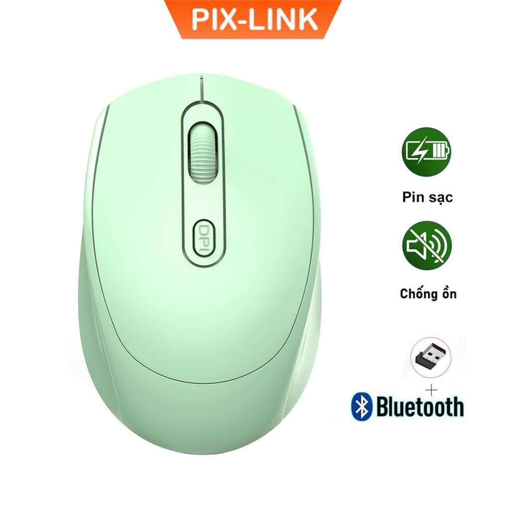 Chuột Không Dây Bluetooth PIX-LINK P100B Chống Ồn, DPI 1600, Chế Độ Kép Wireless Usb 2.4Ghz, Bluetooth Dùng Cho Macbook, Laptop, PC - Hàng chính Hãng - Xanh Cốm