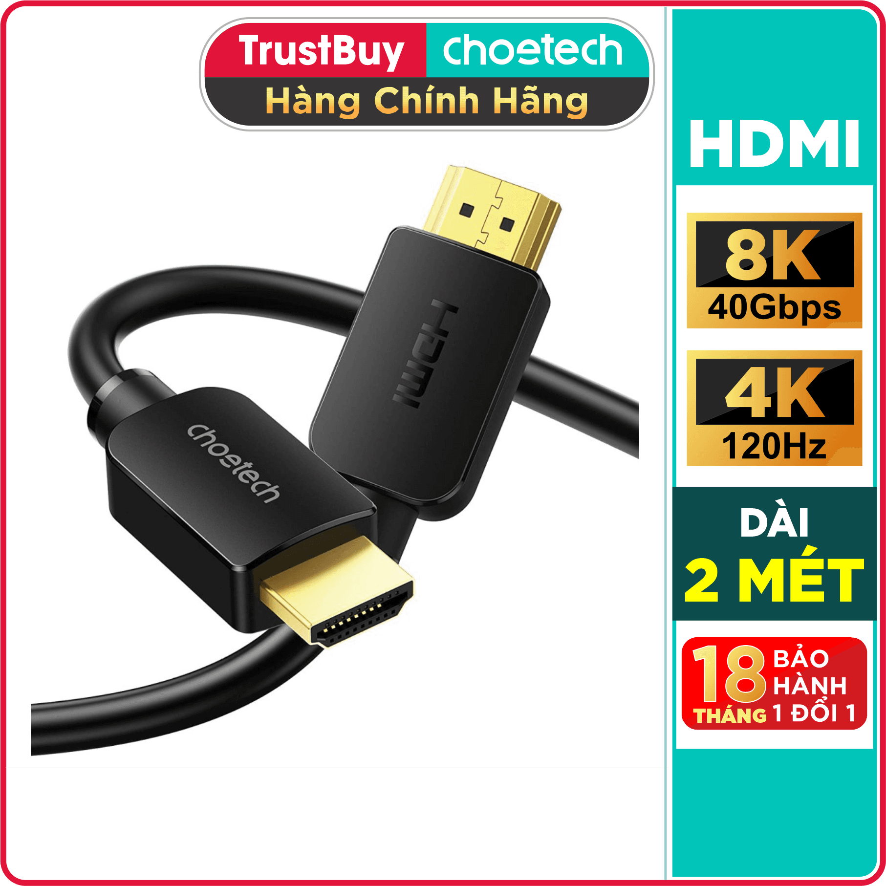 Dây Cáp HDMI 2.1 CHOETECH XHH03-BK Dài 2M Phân Giải Tối Đa 8K 48Gbps, 4K 120Hz Dùng Cho TiviLaptopPlaystationPC - Hàng Chính Hãng