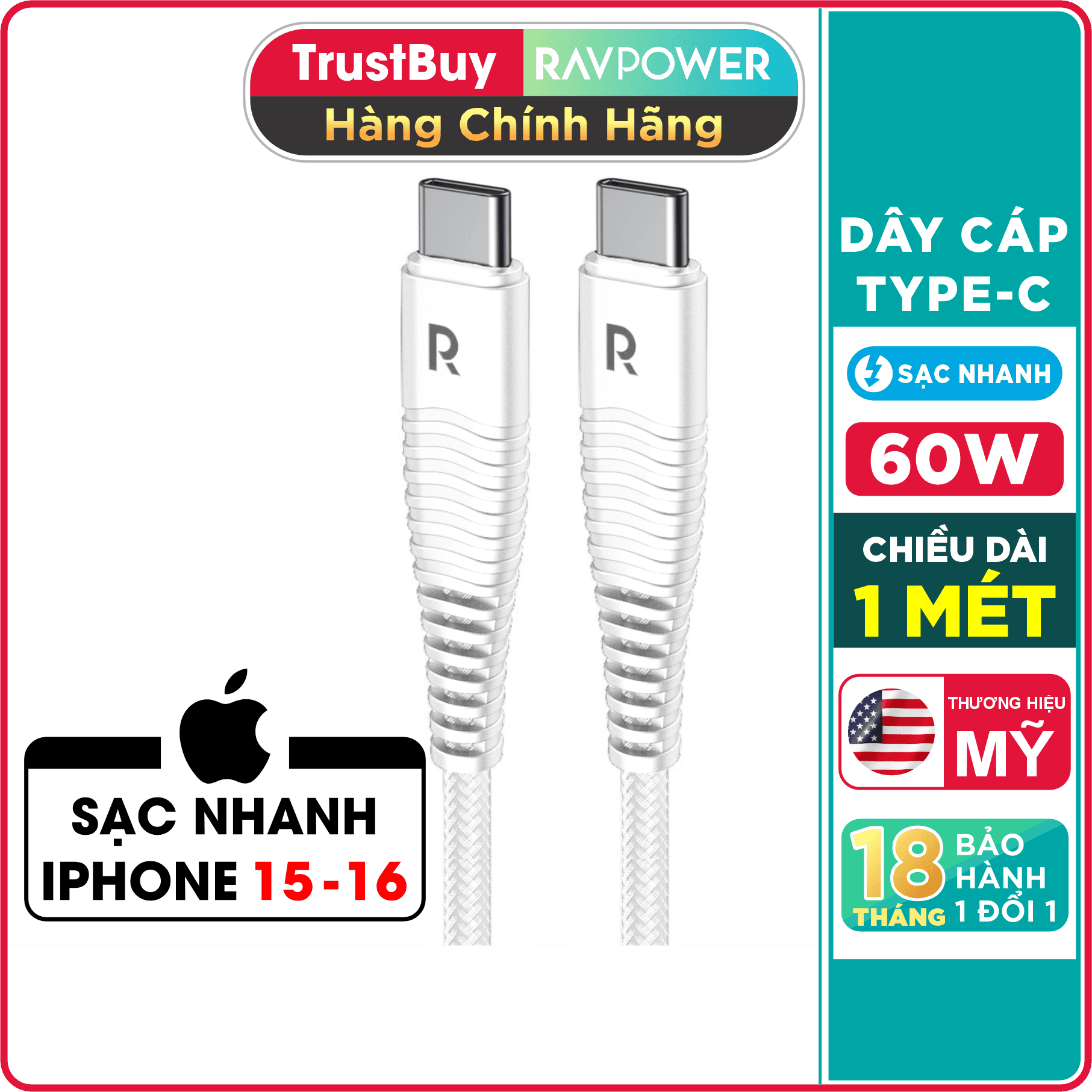 Dây Cáp Sạc Type C to C Sac Nhanh 60W, Dai 1m, Dây Du Nylon Siêu Bền RAVPower RP-CB047 - Hàng Chính Hãng - trắng