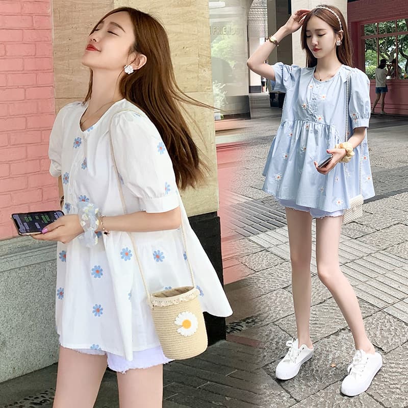 Bộ Đồ Bầu Mặc Hè Sang Chảnh Áo Ngắn Tay Quần Short Có Chun Chỉnh Bụng Họa Tiết Hoa Nhẹ Nhàng - xanh - XL