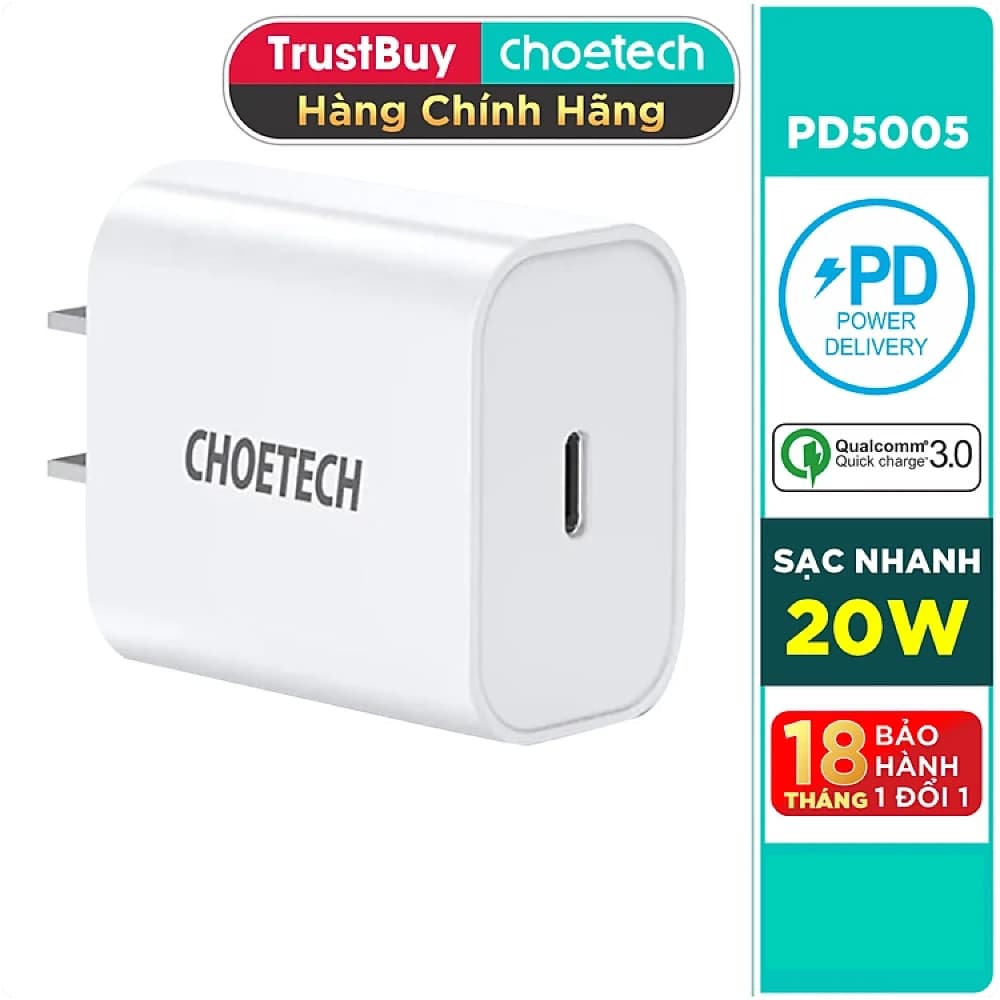 Adapter Cu Sạc CHOETECH PD5005 PD 20W Chuyên Sac Nhanh iPhone, iPad - Hàng Chính Hãng - Trắng
