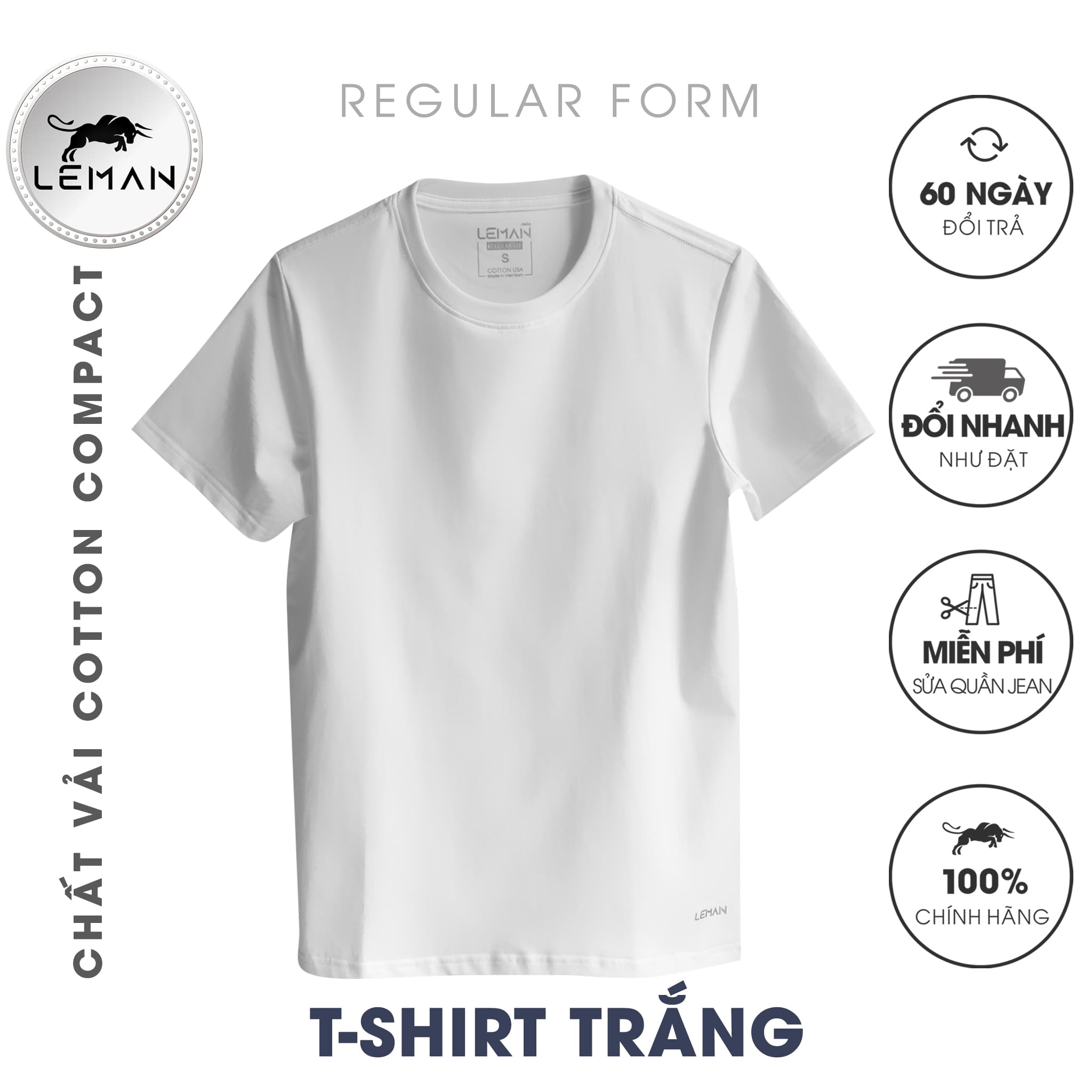 Áo thun nam T-Shirt Leman TS01 Cotton Compact màu trắng Regular Form - Trắng - M