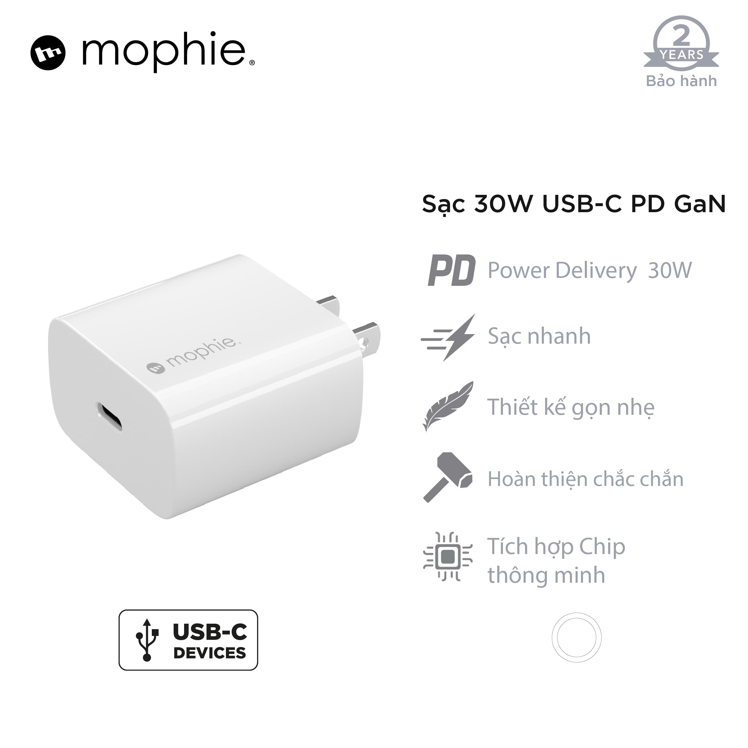 Sạc nhanh Mophie Power Delivery 30W USB-C GaN - Hàng chính hãng - Trắng