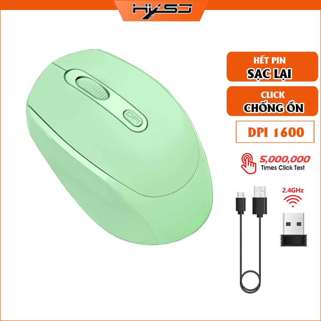 Chuột không dây HXSJ M100 wireless 2.4Ghz  sạc pin, chồng ồn, DIP1600 chuyên dùng cho máy tính, laptop, tivi - Hàng chính hãng - Xanh cốm