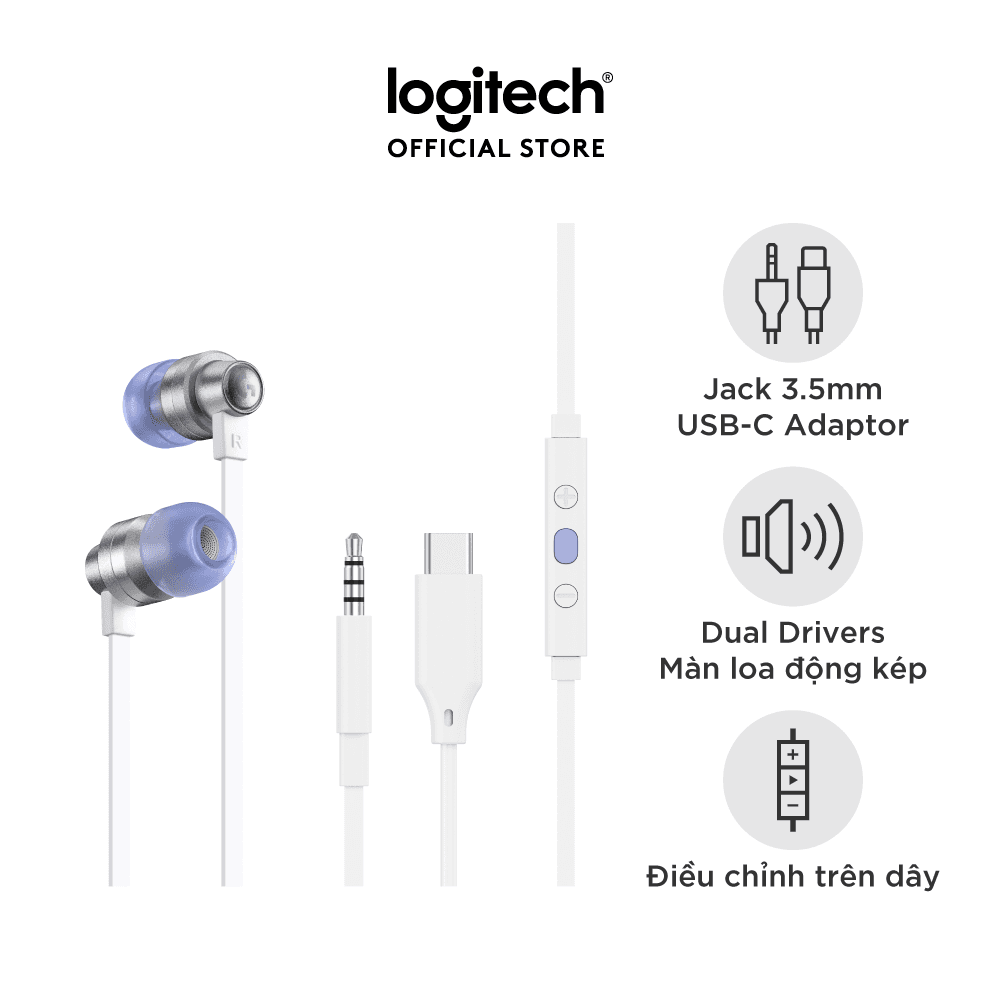 Tai nghe game in-ear Logitech G333 - màn loa động kép Dual Driver, độ bền cao, 3.5mm Aux, Mic và điều khiển trên dây - Màu trắng - Hàng chính hãng