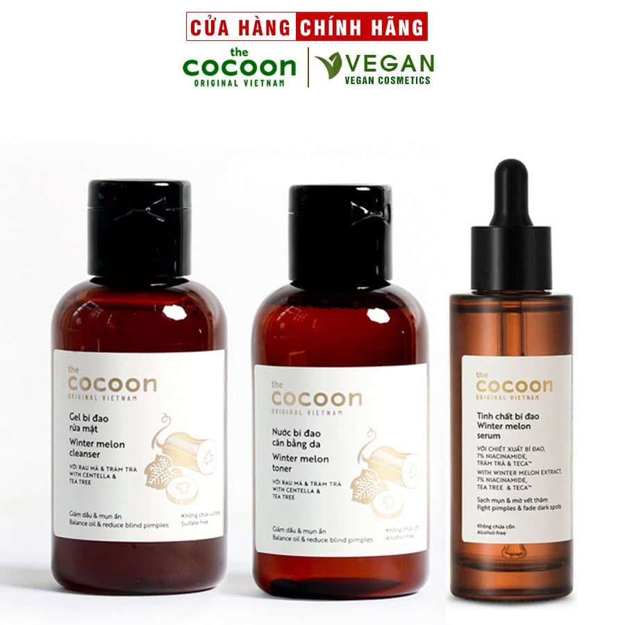 Bộ 3 chăm sóc da mụn Gel rửa mặt bí đao 140ml Toner bí đao 140ml Tinh chất bí đao cocoon 70ml