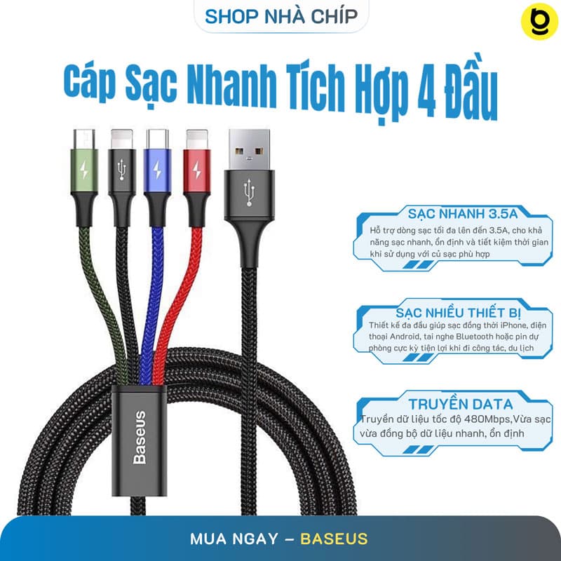 Cáp sạc 3.5A Baseus Rapid Series kết nối 2 Type-C Micro iPhone tiện lợi dài 1.2M - Hàng chính hãng