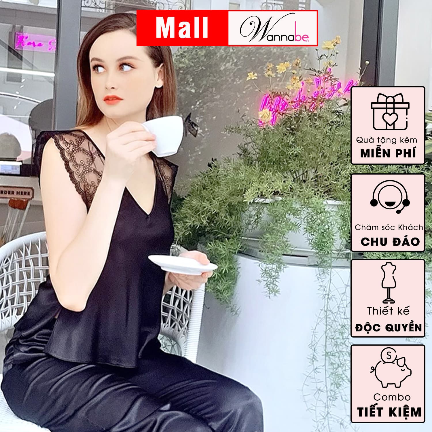 Đồ bộ mặc nhà phi lụa WANNABE BDS06 đồ bộ quần dài tay áo phối ren hoa nhẹ nhàng quý phái - Đen - XL