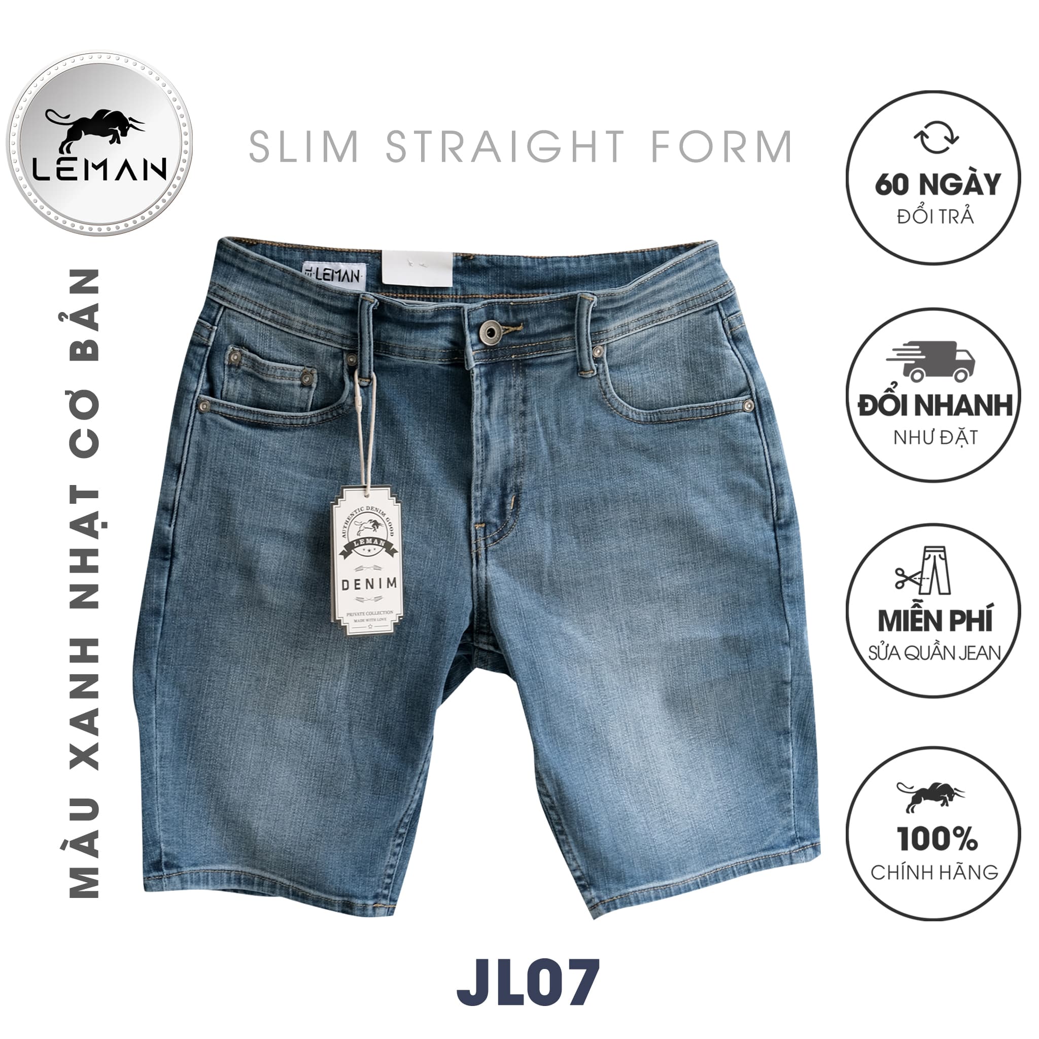 Quần Short Jean nam Leman xanh trơn JL07 - Slim straight Form - Xanh jean - 30