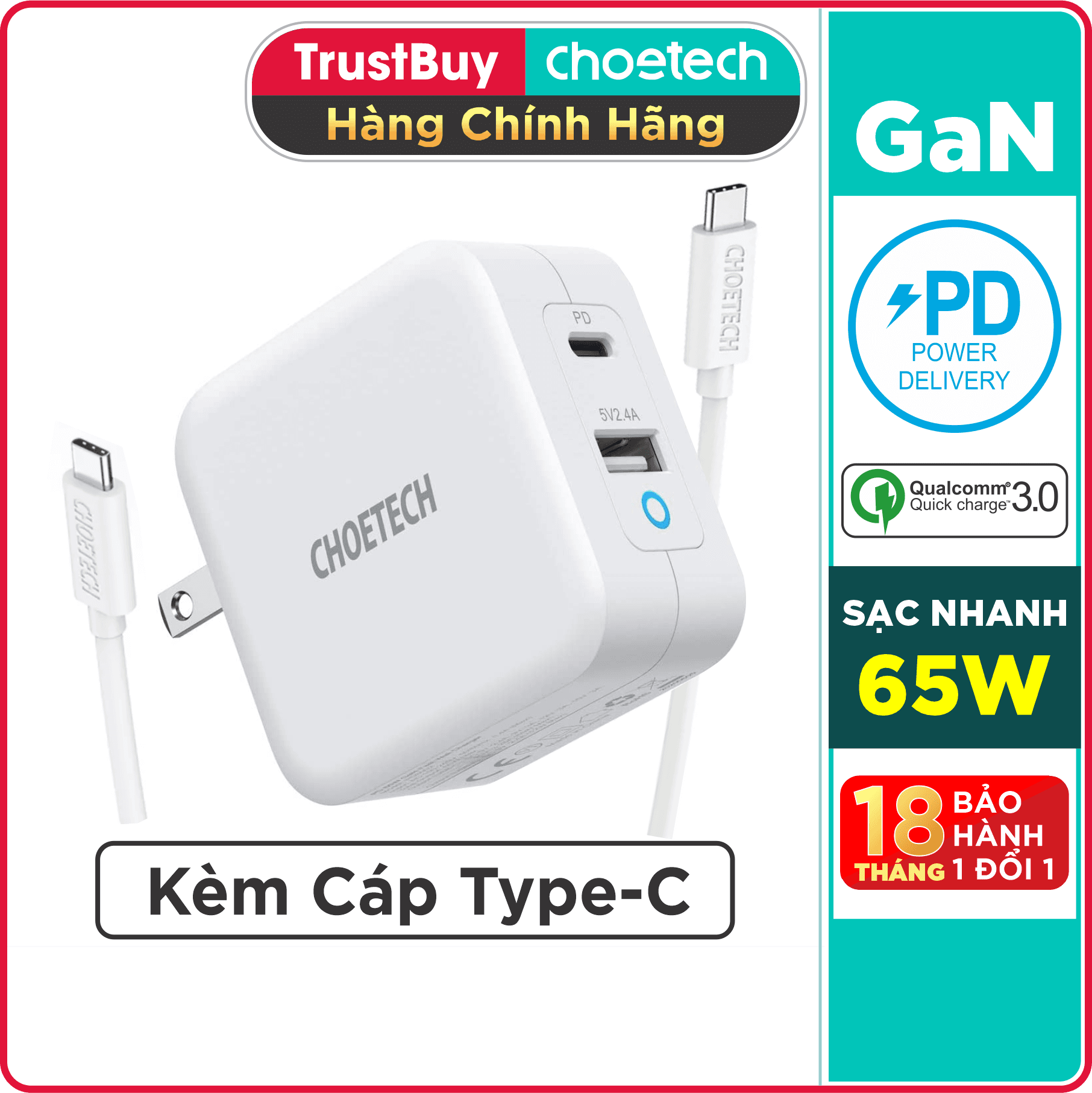Adapter Cu Sạc Nhanh GaN 65W 1 Cổng USB, 1 Cổng Type C CHOETECH PD8002 Kèm Cáp Type C 65W Sạc Cho Macbook, Laptop, Smartphone - Hàng Chính Hãng