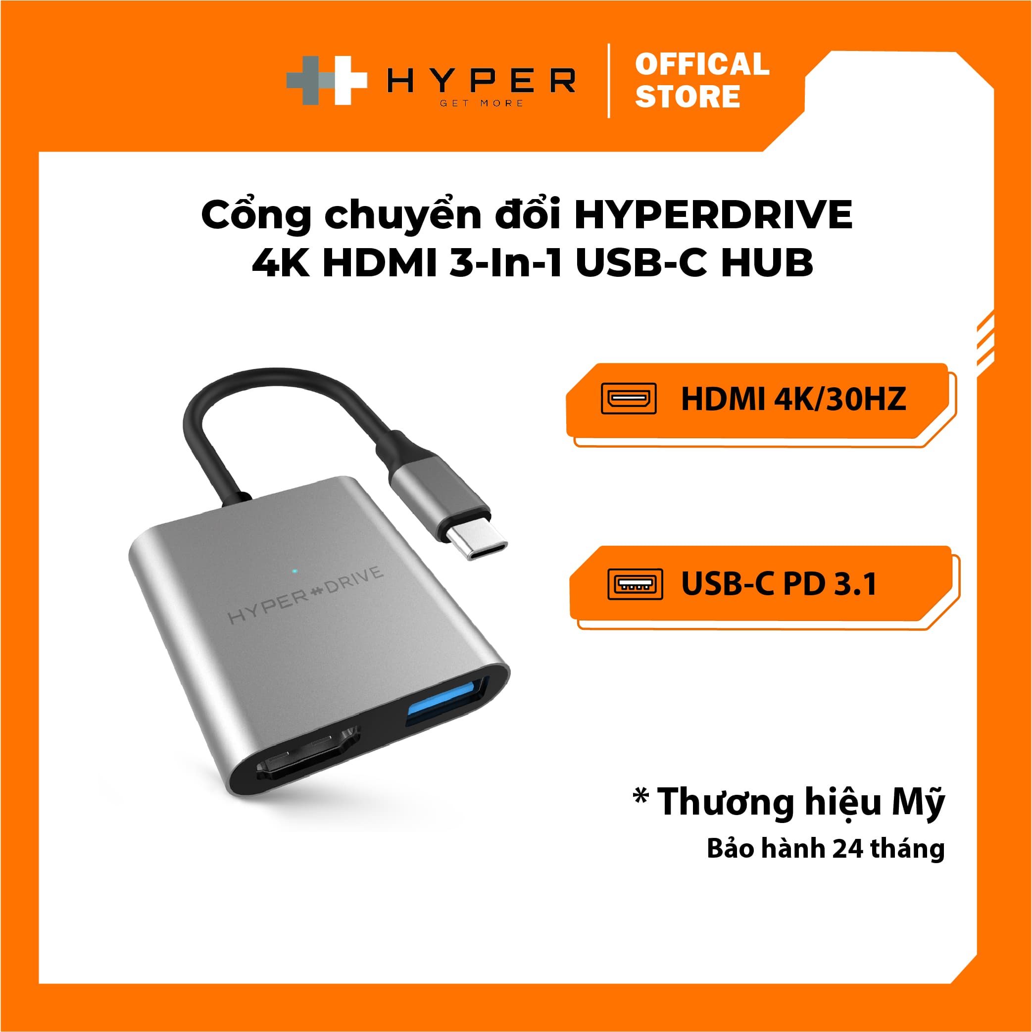 CỔNG CHUYỂN HYPERDRIVE 4K HDMI 3-IN-1 USB-C HUB FOR MACBOOK, SURFACE, PC & DEVICES  HD259A - HÀNG CHÍNH HÃNG - Gray
