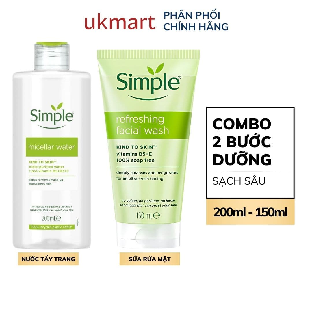 Combo Simple Làm Sạch Nước Tẩy Trang 200ml Sữa Rửa Mặt 150ml