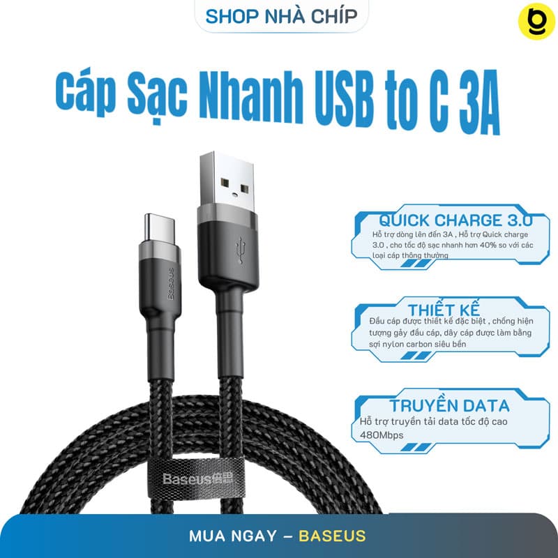 Cáp sạc nhanh, truyền dữ liệu tốc độ cao Baseus Cafule Type C cho Samsung S8S9 Note8 Note9 Xiaomi Huawei OppoNokia  3A, Sạc nhanh Quick charge 3.0, Siêu bền- Hàng nhập khẩu - 1m - xám