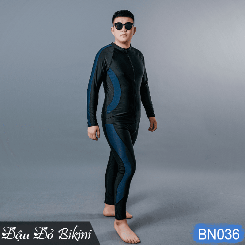 Đồ bơi nam cỡ đại đến 130kg, quần áo tắm big size cho người béo mập, áo dài tay khoá kéo & quần dài chống nắng, chất thun bơi lạnh Hàn co giãn đa chiều  BN036 - Đen - 7XL
