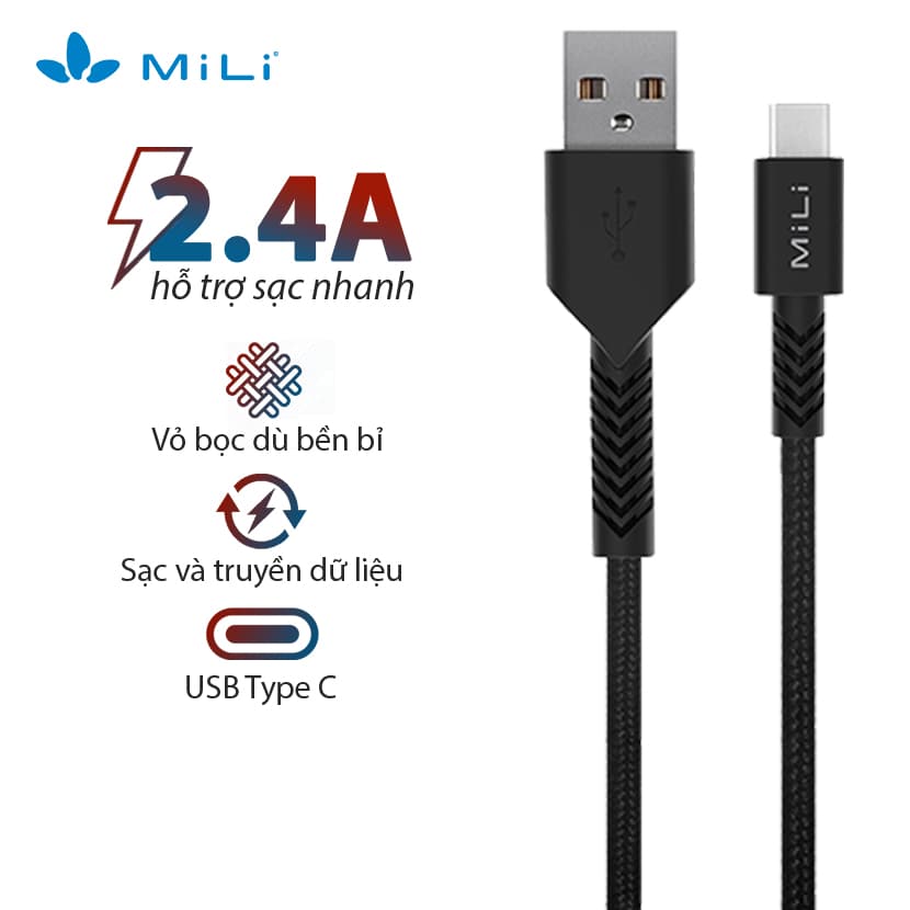 Dây Cáp Sạc USB Type-C MiLi 1.2m HX-L12 - Hàng Chính Hãng - Đen