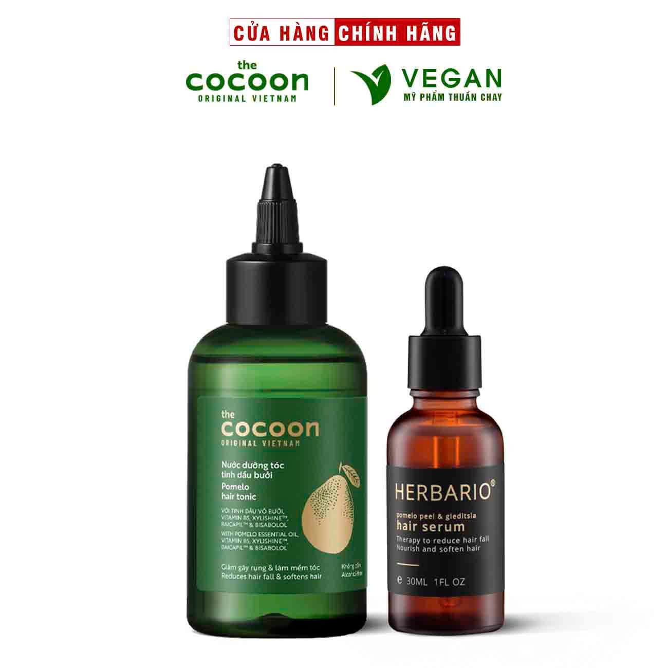 Bộ serum tóc bồ kết, vỏ bưởi Herbario 30ml  Nước dưỡng tóc tinh dầu bưởi Pomelo Cocoon 140ml
