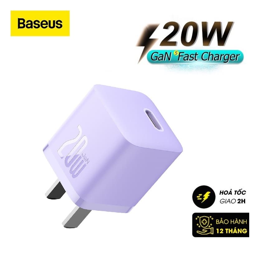 Củ Sạc Nhanh Cho IPhone 20W Baseus GaN5 Fast Charger - Công Nghệ Power Delivery 3.0 QC 3.0 - Tích Hợp Chip Thông Minh - Công Nghệ Kiểm Soát Nhiệt Độ BCT - Hàng Chính Hãng - Củ GaN5 20w Tím