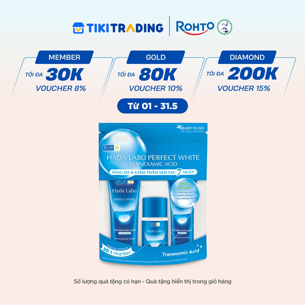 Bộ travel size dưỡng trắng Hada Labo Perfect White Tranexamic Acid Travel Set Kem rửa mặt 15gDung dịch dưỡng 20mlKem dưỡng 12g