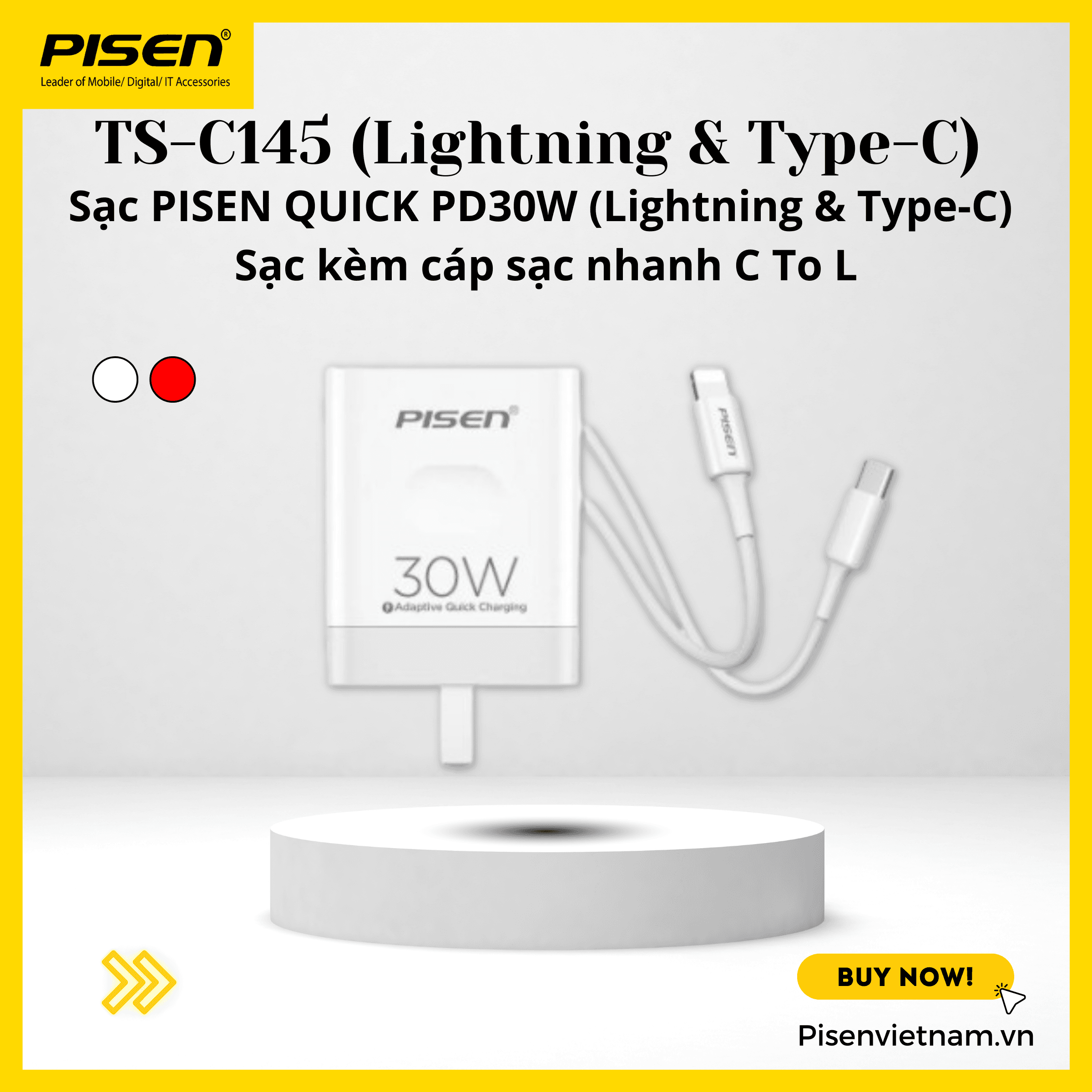 Bộ sạc Pisen Quick PD30W, sạc nhanh an toàn cho Iphone 8 - 14 Pro Max TS-C145- Hàng chính hãng