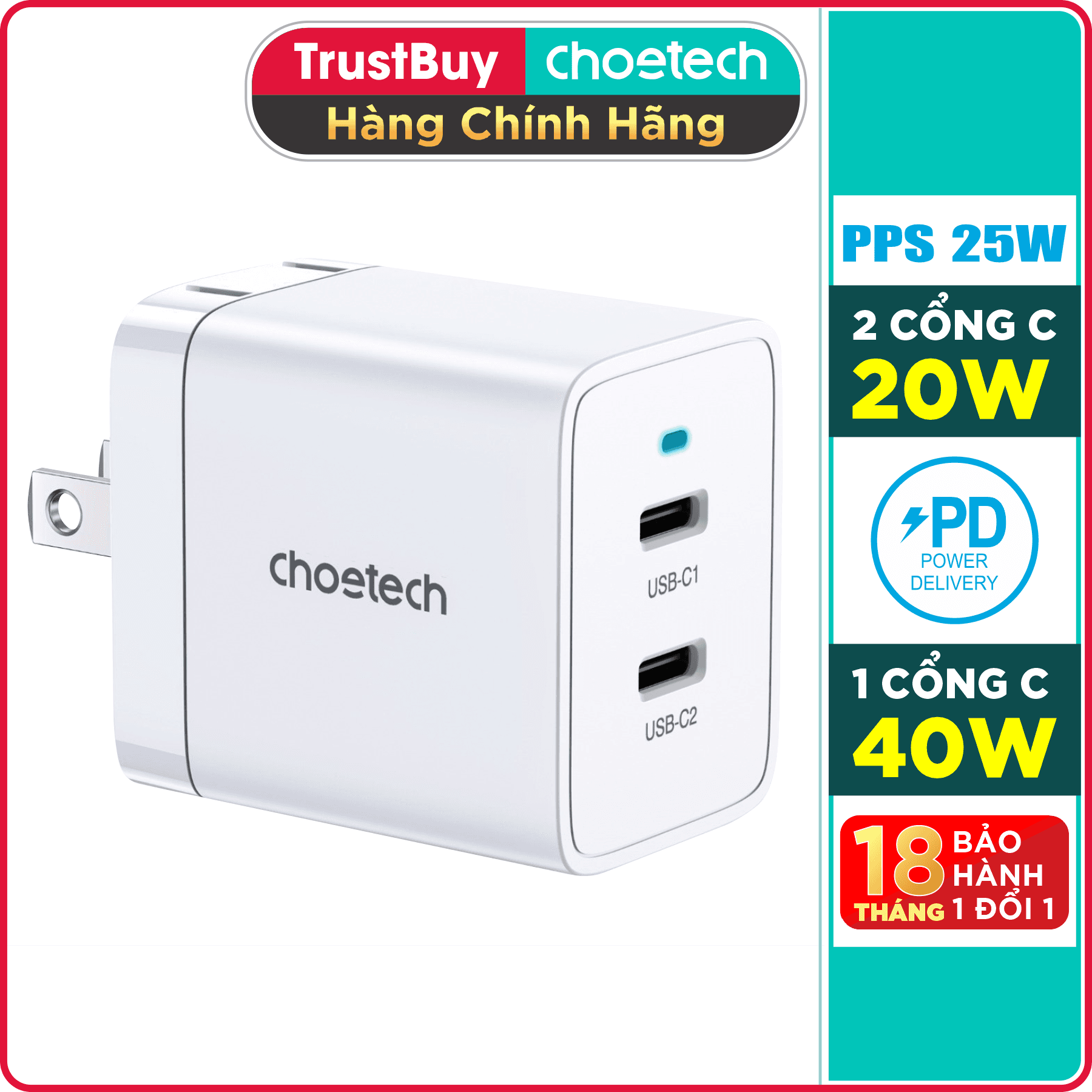 Adapter Cu Sạc Nhanh 40W Sạc 1 Cổng Type C 40W, 2 Cổng Type C 20W, PPS 25W, QC3.0 18W CHOETECH Q5006 Sạc Nhanh iPhone 15, iPhone, Samsung, iPad - Hàng Chính Hãng - Trắng