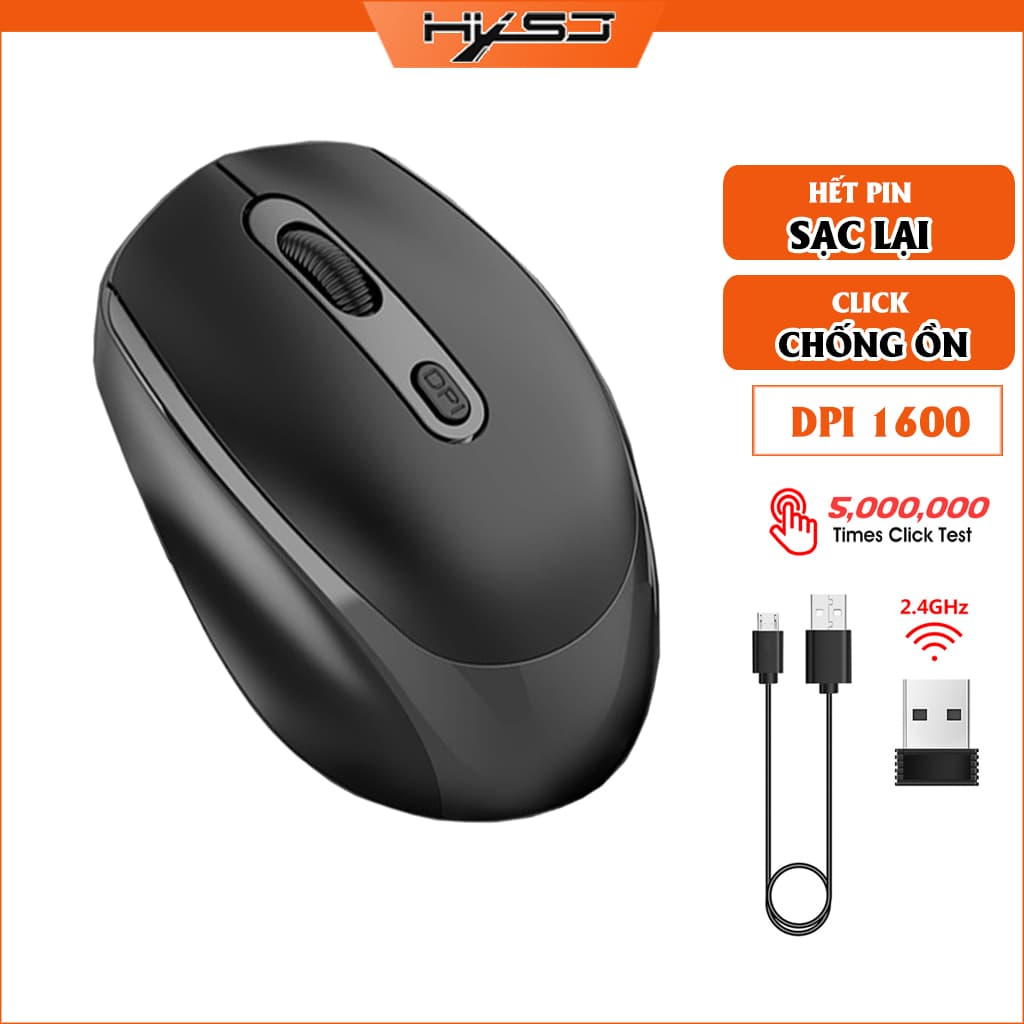 Chuột không dây HXSJ M100 wireless 2.4Ghz  sạc pin, chồng ồn, DIP1600 chuyên dùng cho máy tính, laptop, tivi - Hàng chính hãng - Đen