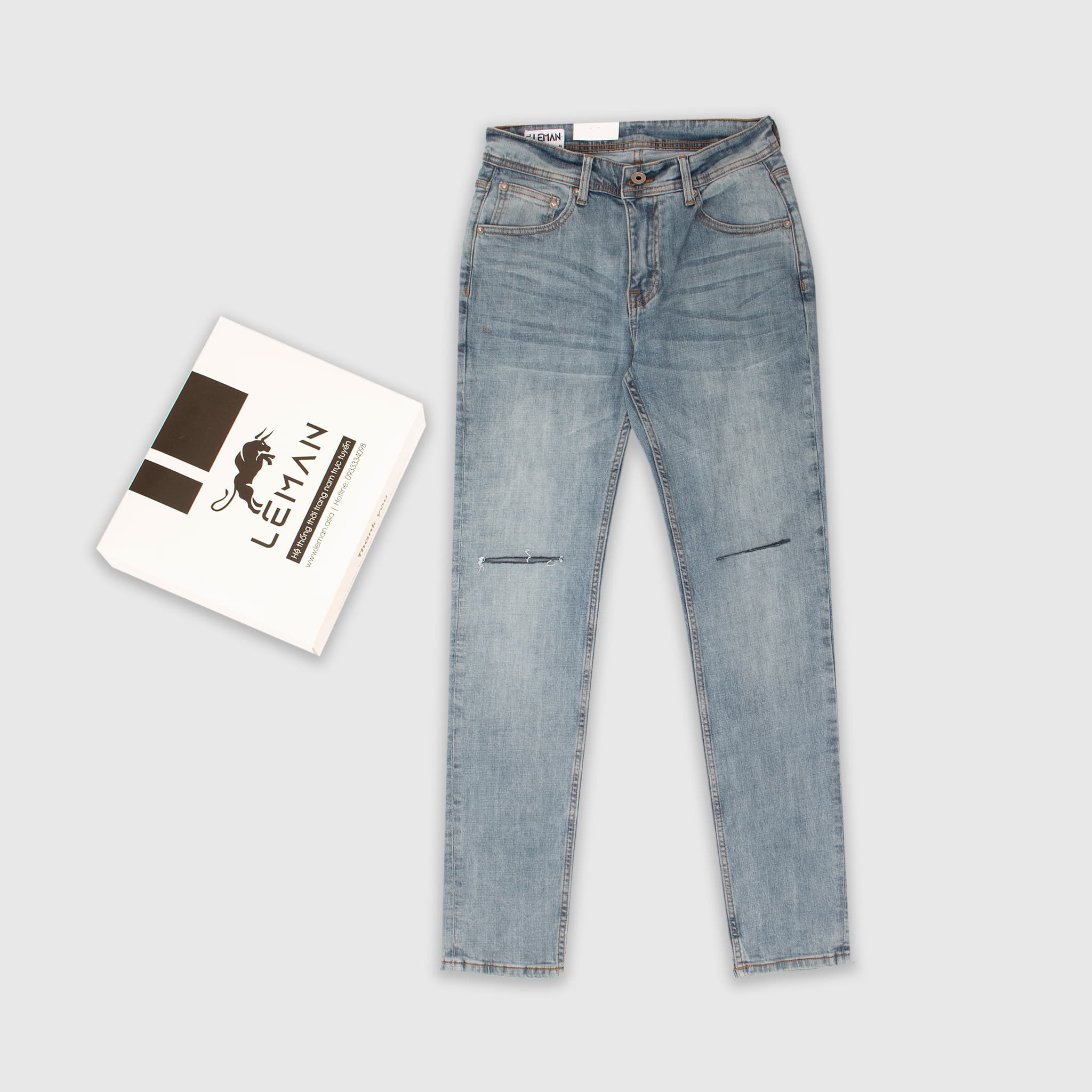 Quần Jean nam Leman xanh bạc rách JD18 - Slim Form - 29 - XANH BẠC