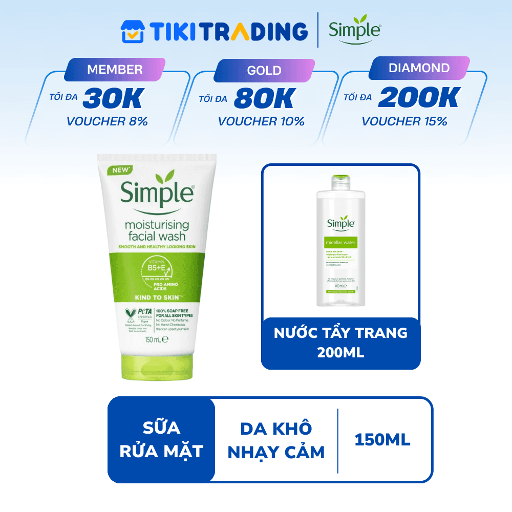 Sữa rửa mặt Simple giúp cấp ẩm, da trông khỏe và mịn màng - cho da khô nhạy cảm 150ml CHÍNH HÃNG ĐỘC QUYỀN MỚI