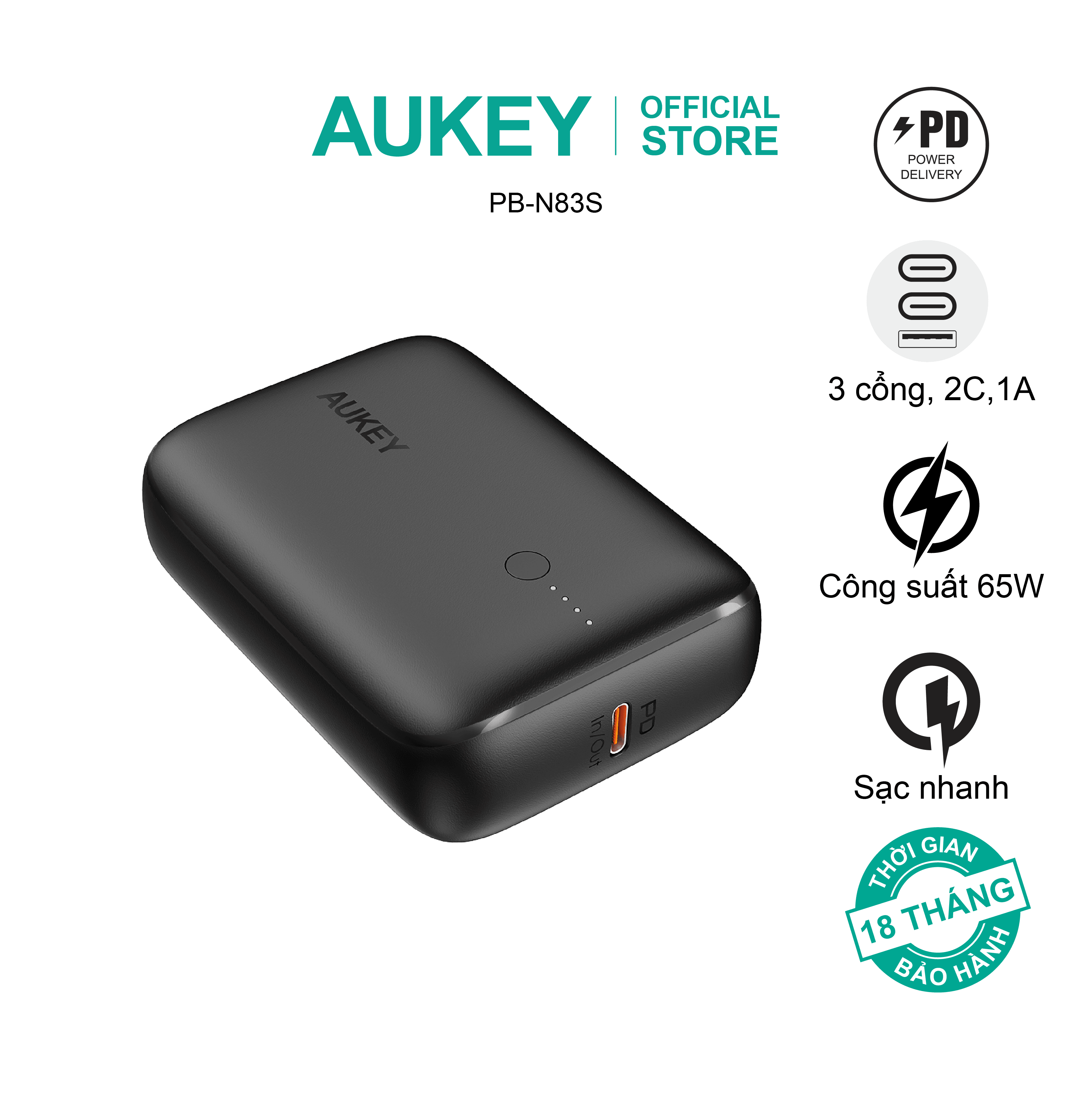 Pin sạc dự phòng Aukey PB-N83S 20W PD 10.000mAh, hàng chính hãng - Màu Đen