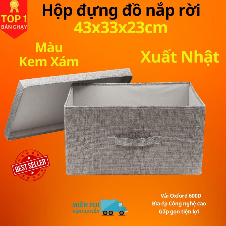 Hộp vải đựng đồ đa năng có nắp TD3a và TD3b Túi vải Thụy Điển có nắp rời 34L sang trọng vải Oxford chính hãng - Kem Xám Nhạt