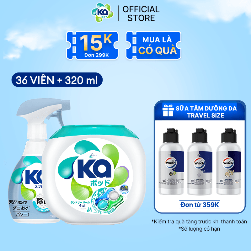 Combo Chăm sóc quần áo KA 1 Hộp 36 viên giặt quần áo 4in1 1 Xịt thơm vải chống mạt bụi 320ml