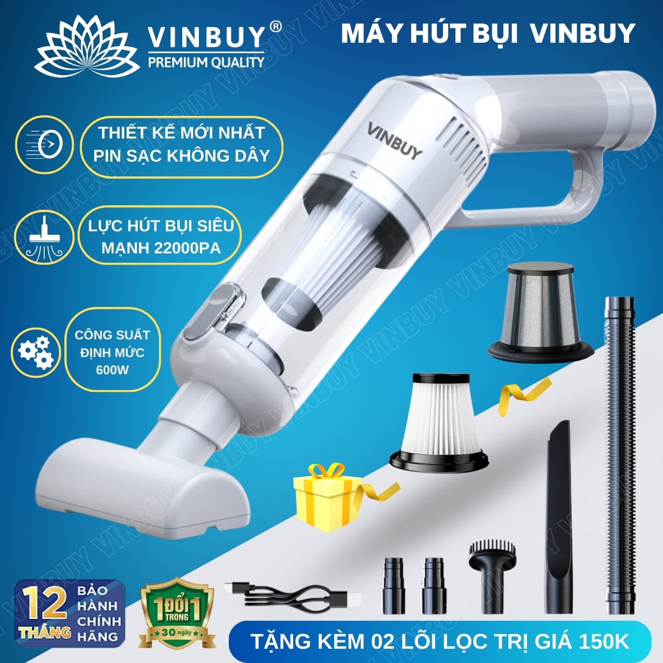 Máy hút bụi cầm tay, hút bụi xe ô tô, xe hơi, giường nệm, lực hút mạnh 22000PA, pin sạc không dây - Chính hãng VinBuy - Màu trắng