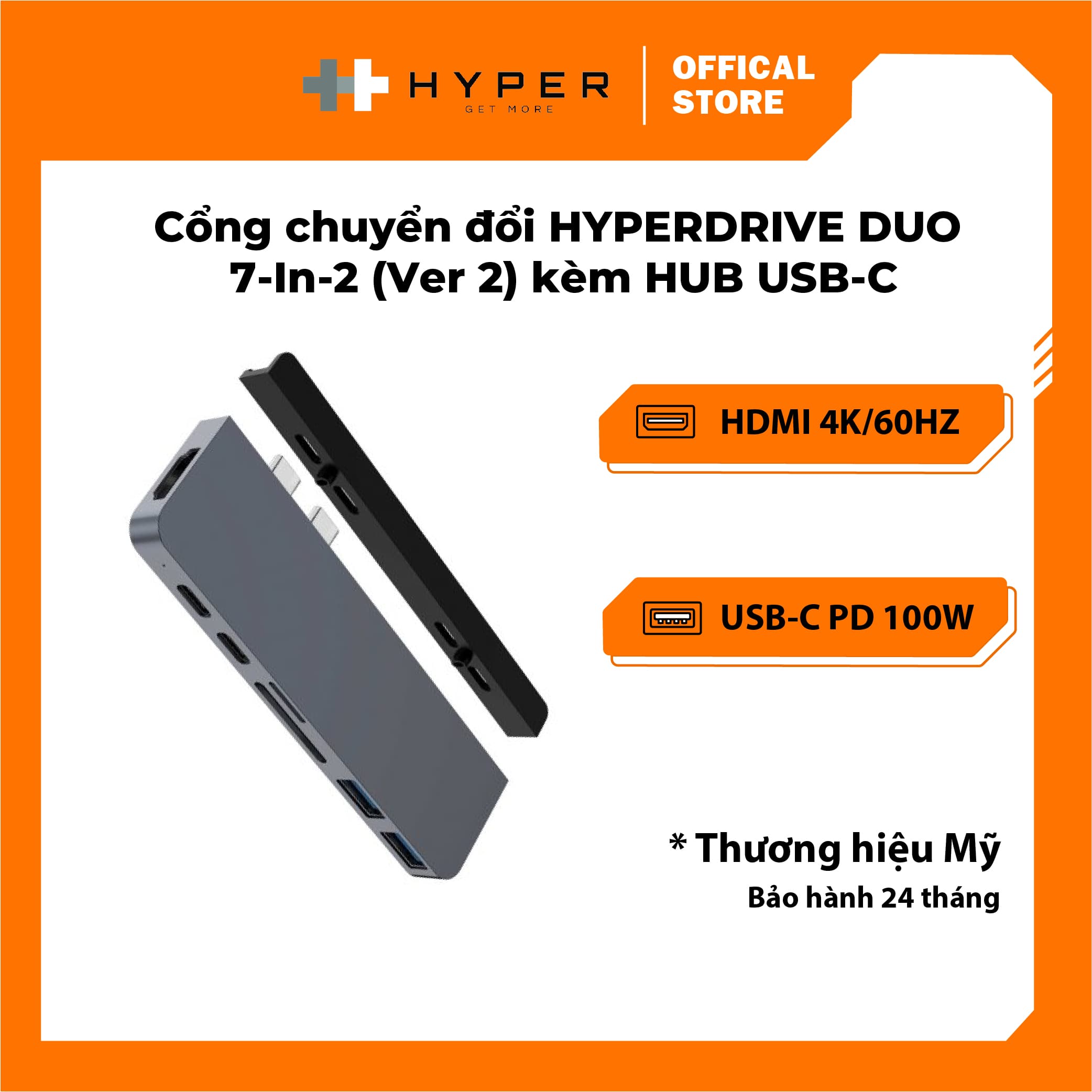 CỔNG CHUYỂN HYPERDRIVE DUO 7-IN-2 VERSION 2 HDMI 4K60HZ WITH CABLE USB-C HUB FOR MACBOOKIPADPROLAPTOPSMARTPHONE - HÀNG CHÍNH HÃNG - HD28C - Gray