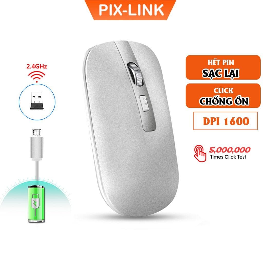 Chuột Không Dây PIX-LINK P30 Sạc Điện Chống Ồn Wireless 2.4Ghz Dùng Cho Laptop, Macbook, Pc, Tivi - Hàng Chính Hãng - Bạc