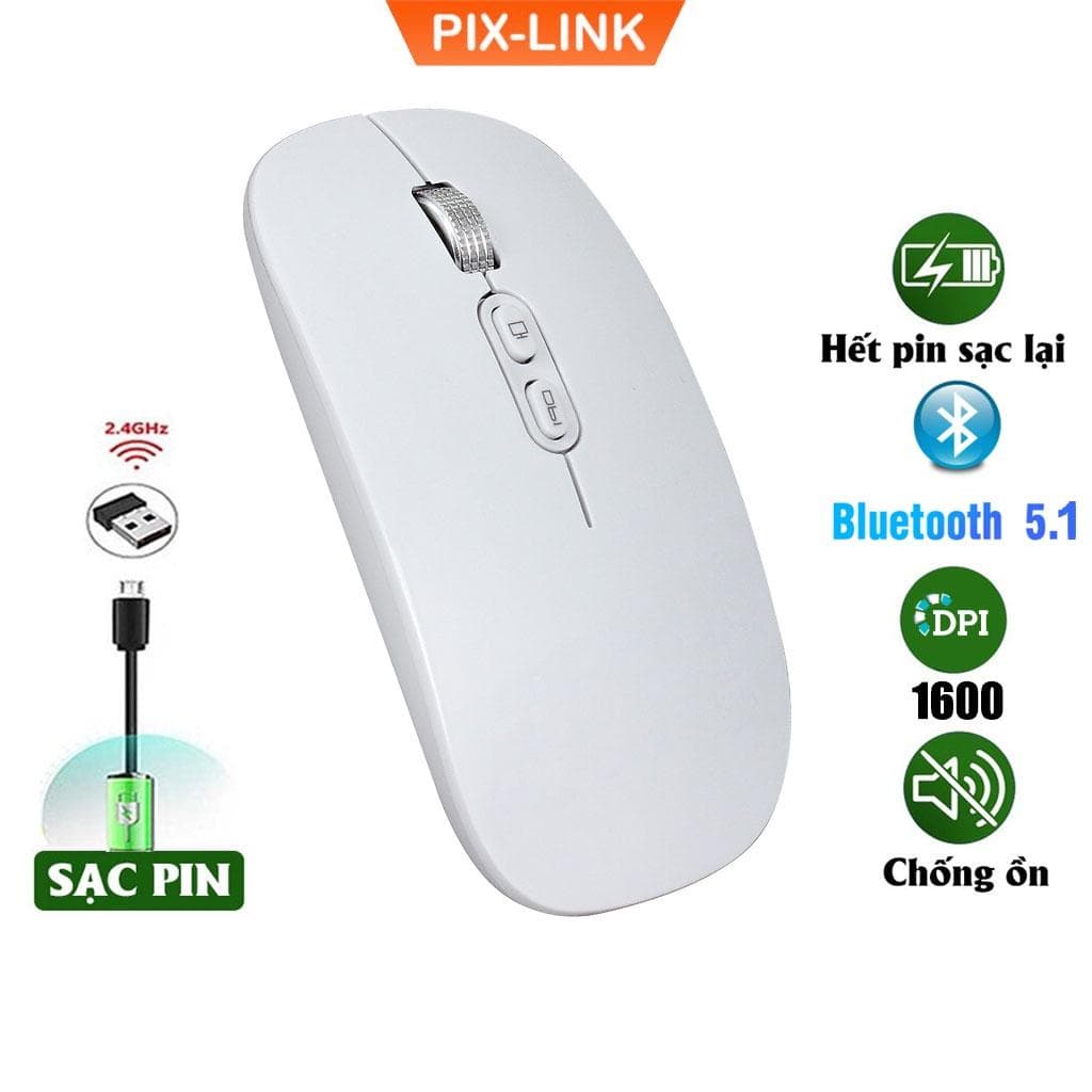 Chuột bluetooth PIXLINK P103BL 2 chế độ sạc pin siêu mỏng không gây tiếng ồn chuyên dùng cho Máy tính, pc, Laptop, Tivi Hàng Chính Hãng - Trắng Bluetooth