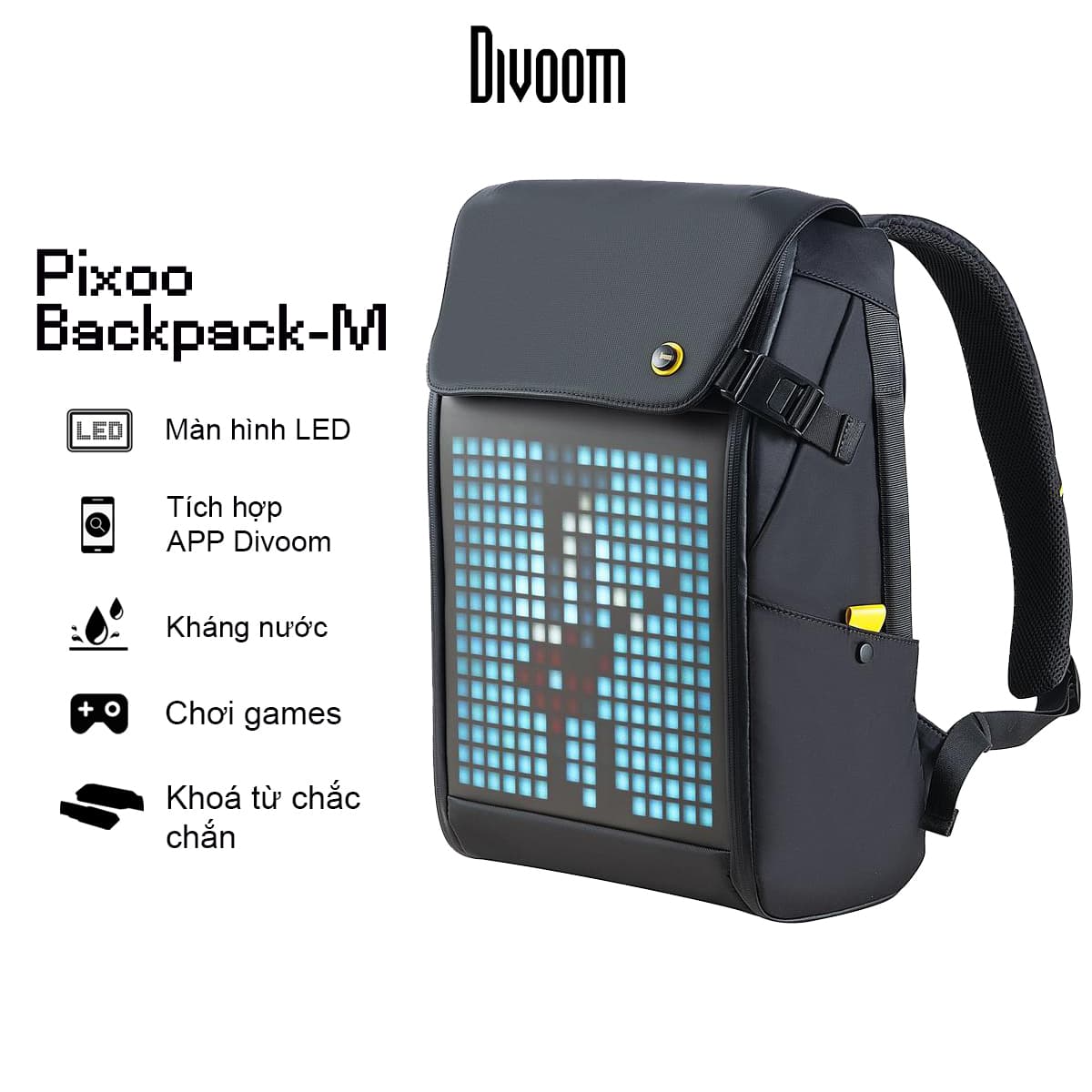 Balo Divoom  Pixoo Backpack-M có màn hình LED tùy chỉnh bằng APP, ngăn chứa lớn vừa Laptop 14 Inch, chống thấm nước cho hoạt động ngoài trời