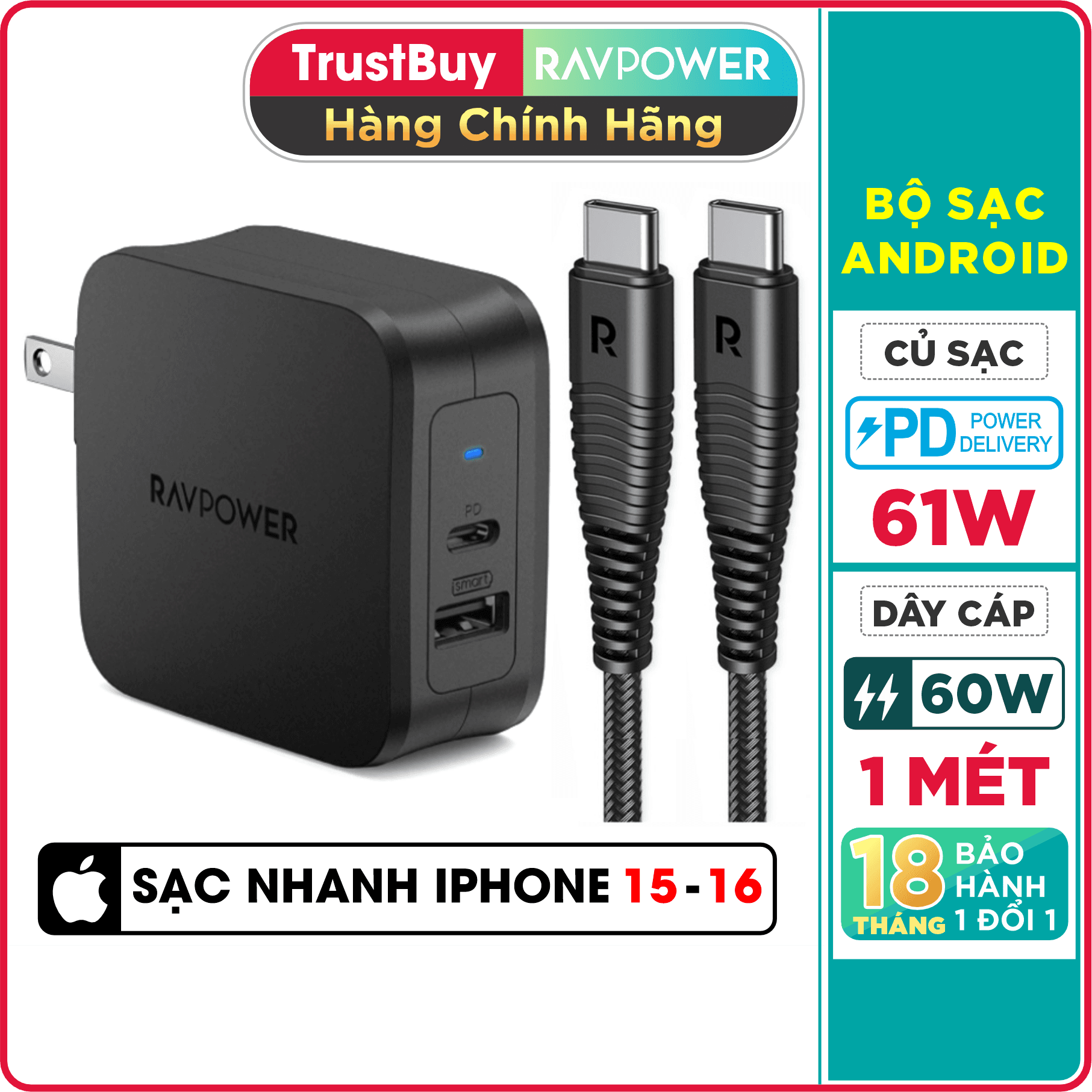 Combo RAVPower Củ Sạc Điện Thoại USB Type-C 61W RP-PC105 Dây Cáp Sạc Type C to Type C RP-CB047 - Hàng Chính Hãng