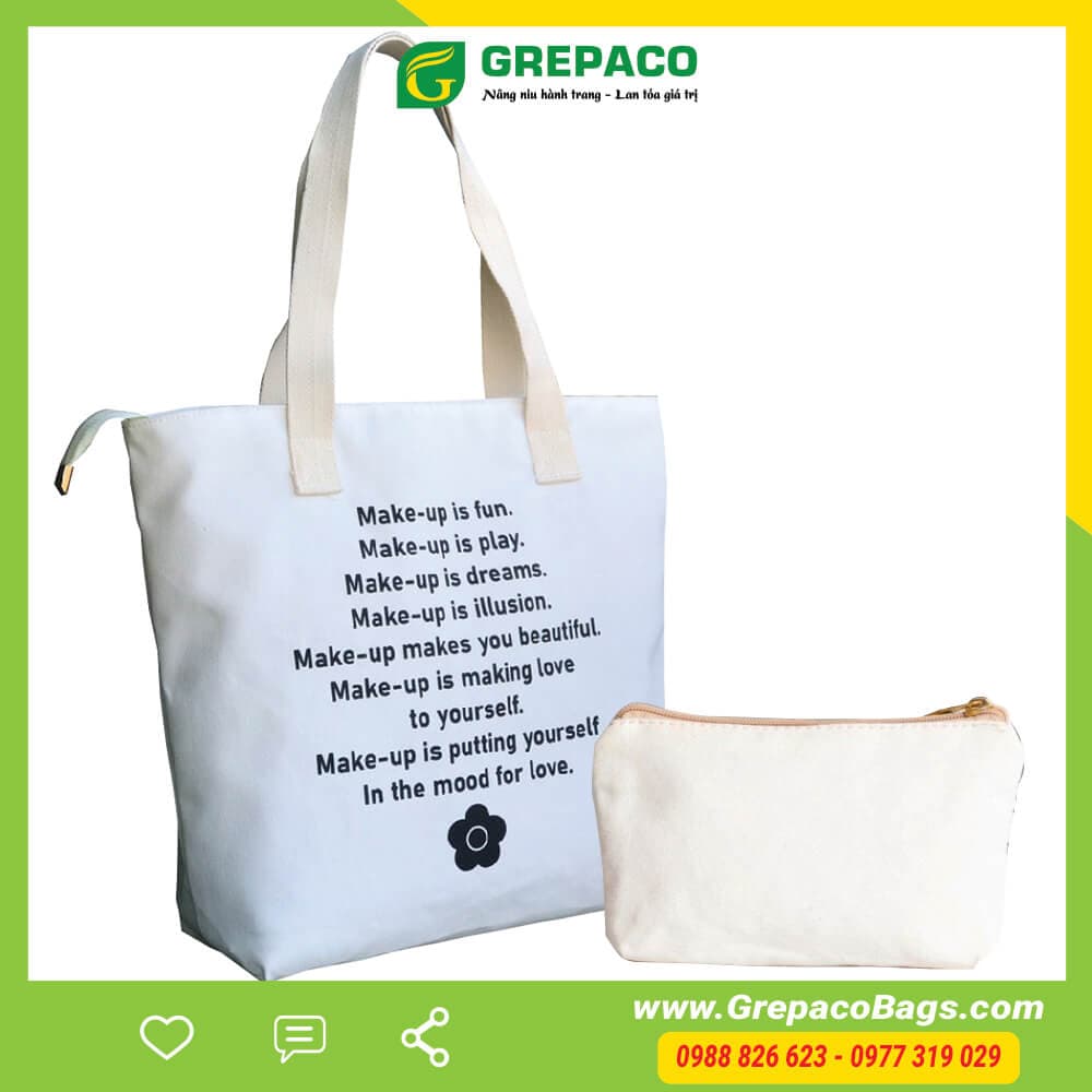 Túi Tote Nữ Grepaco Xách Vải Bố Canvas Cao Cấp In Chữ Đẹp Đeo Chéo Vai Có Khóa Kéo Nhiều Ngăn Dùng Đi Học, Làm Công Sở, Du Lịch Phong Cách Thời Trang Hàn Quốc - Tặng Túi Đựng Mỹ Phẩm - Trắng In Make-up