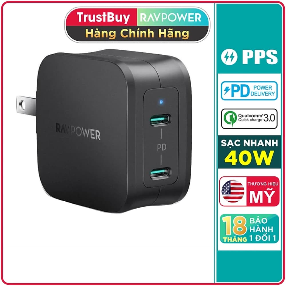 Adapter Củ Sạc 40W 2 Cổng Type C PD 3.0 & QC 3.0 Nhỏ Gọn RAVPower RP-PC152 - Hàng Chinh Hang - Màu Đen