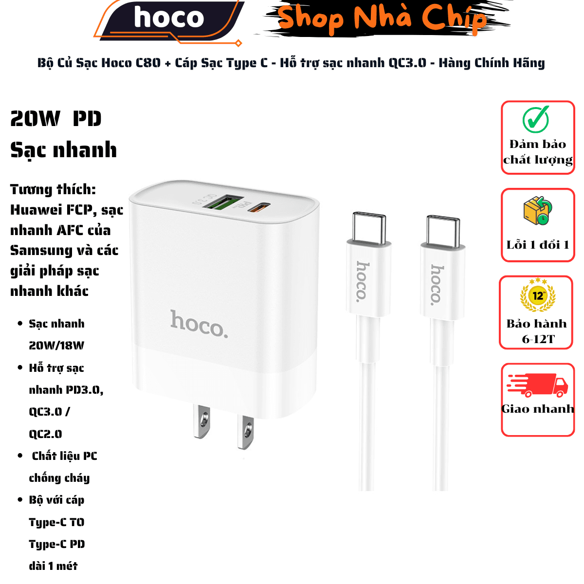 Bộ Củ Sạc Hoco C80  Cáp Sạc Type C - Hỗ trợ sạc nhanh QC3.0 - Hàng Chính Hãng