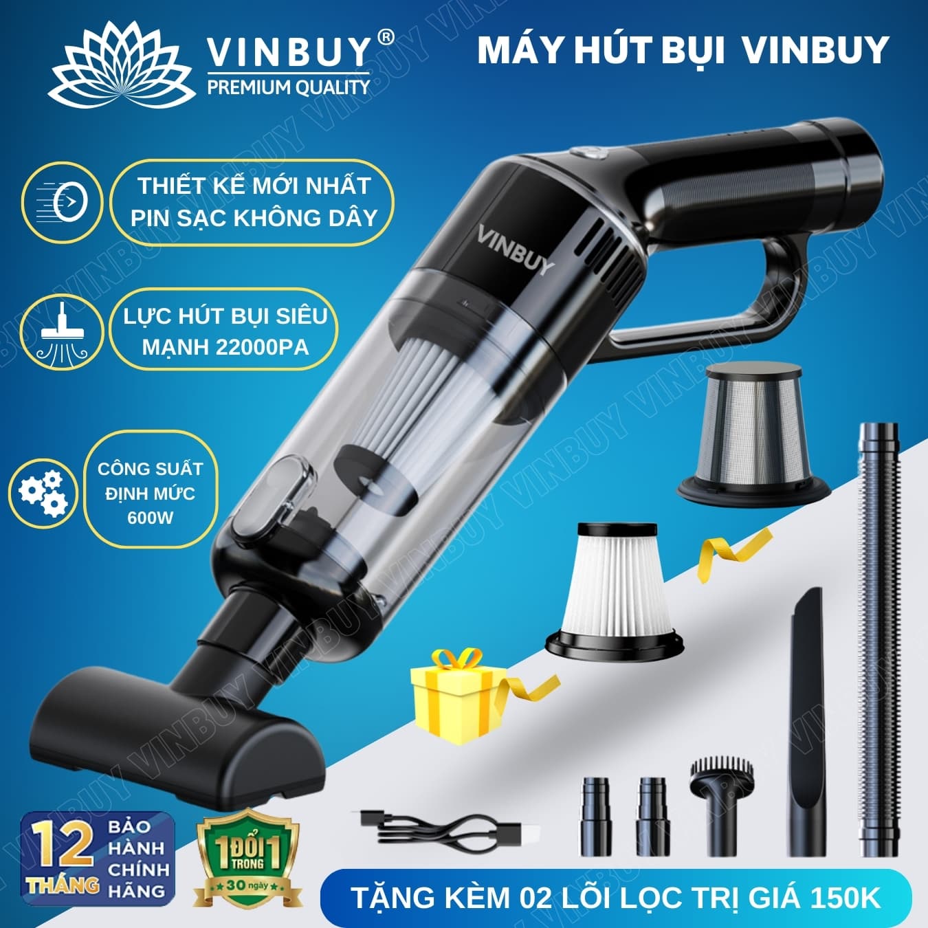 Máy hút bụi cầm tay, hút bụi xe ô tô, xe hơi, giường nệm, lực hút mạnh 22000PA, pin sạc không dây - Chính hãng VinBuy - Màu đen