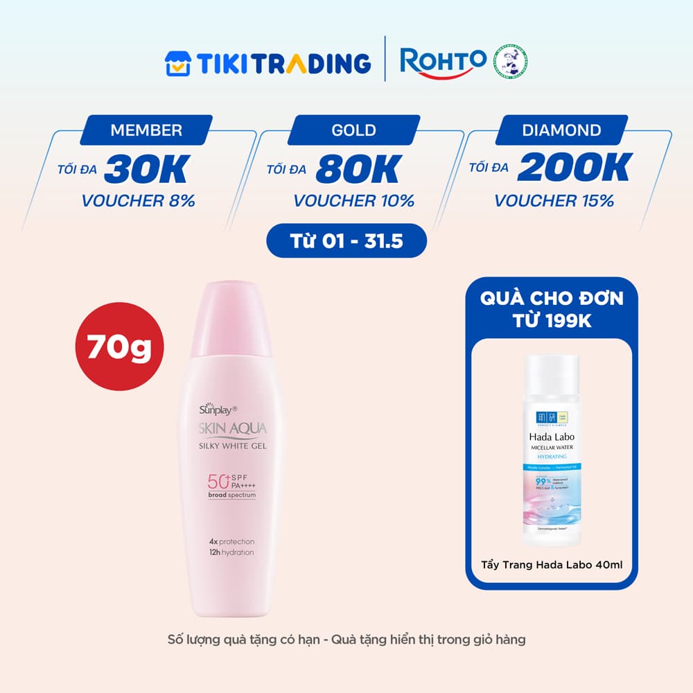 Kem chống nắng Skin Aqua dưỡng trắng & dưỡng ẩm, dùng hàng ngày dạng gel Sunplay Skin Aqua Silky White Gel Eco Việt Nam SPF 50, PA 70g