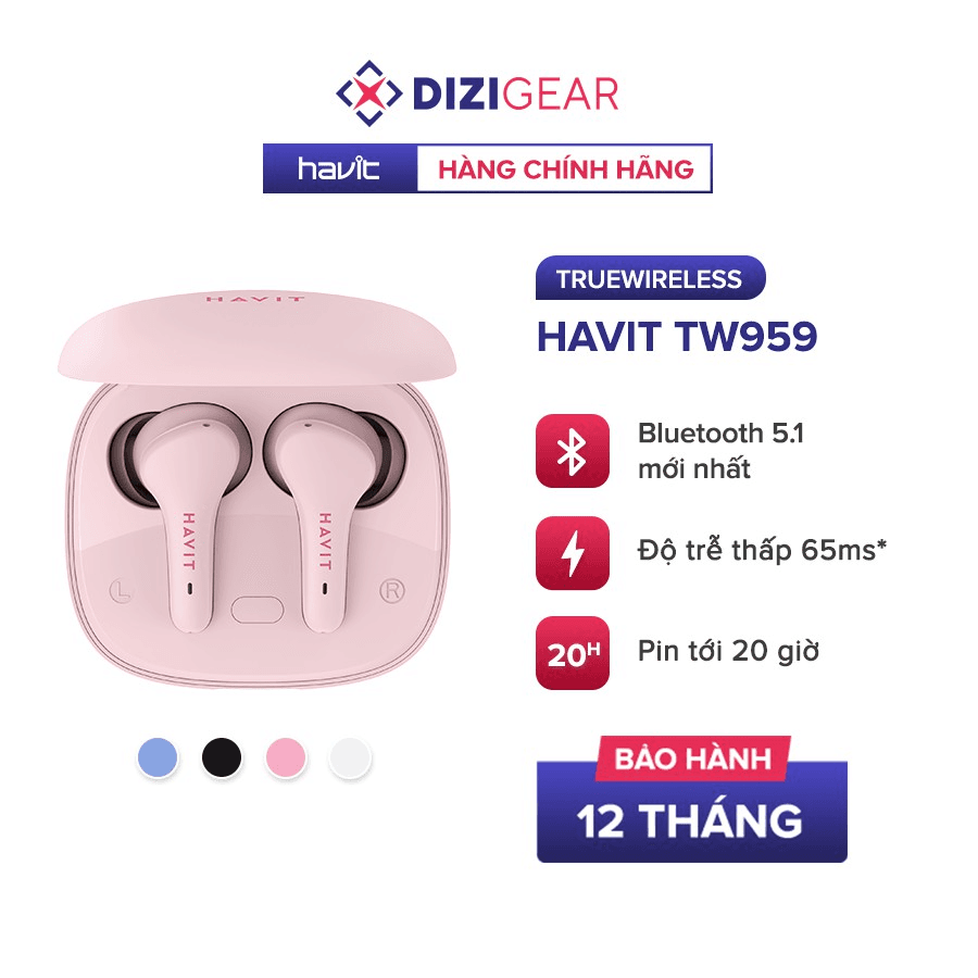 Tai nghe TWS Havit TW959, Bluetooth 5.1, Độ Trễ Tới 65ms, Nghe Độc Lập, Pin Tới 20H -  Hàng Chính Hãng Dizigear - Hồng