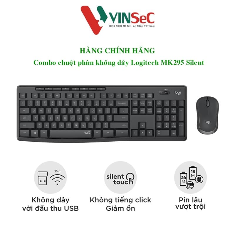 Combo chuột phím không dây Logitech MK295 Silent - Chống ồn 90, có phím số, mắt đọc cải tiến, bền bỉ, không lag - Hàng chính hãng
