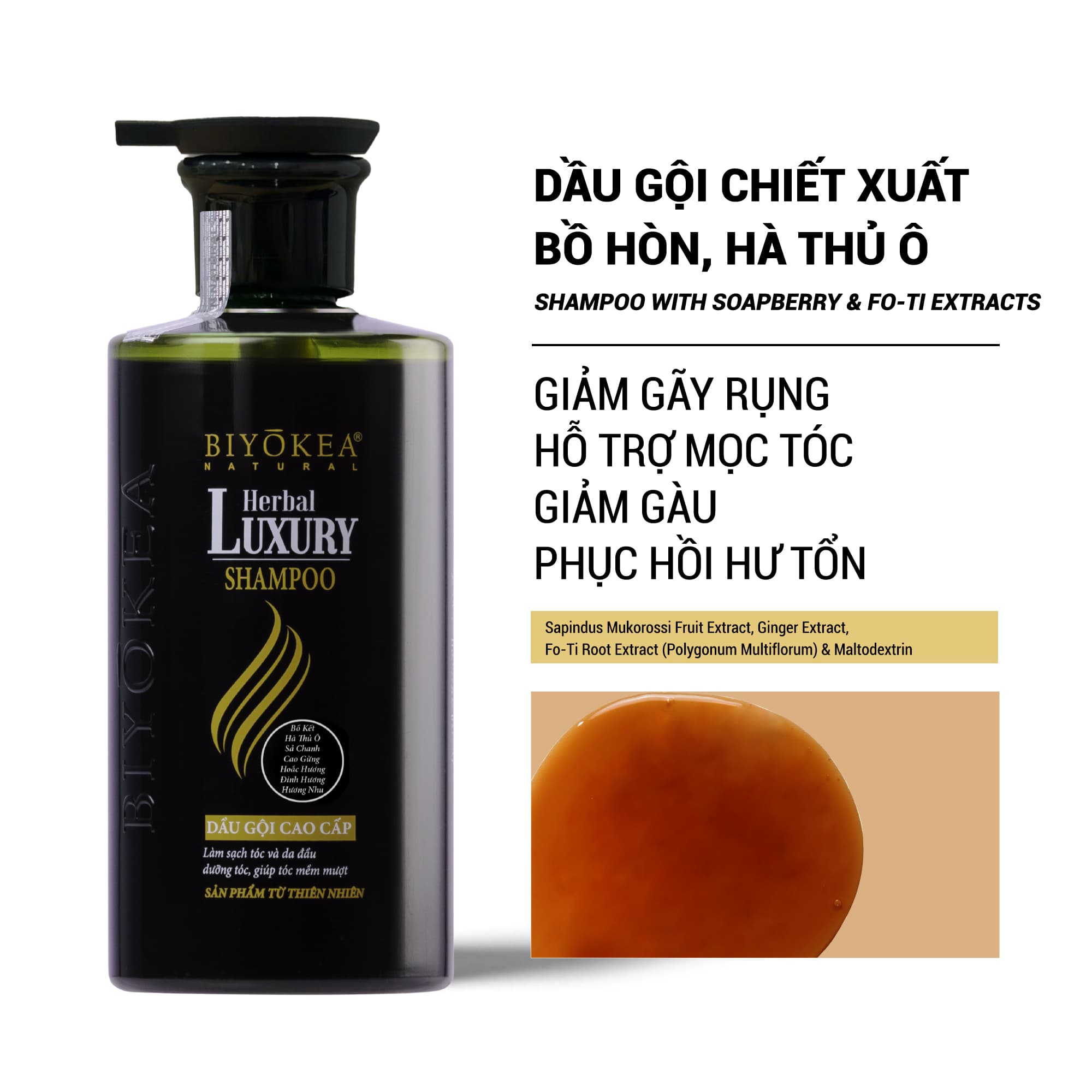Dầu gội bồ kết thảo dược thiên nhiên, kích thích mọc tóc, dưỡng tóc, phục hồi tóc hư tổn Herbal Luxury Biyokea 320ml