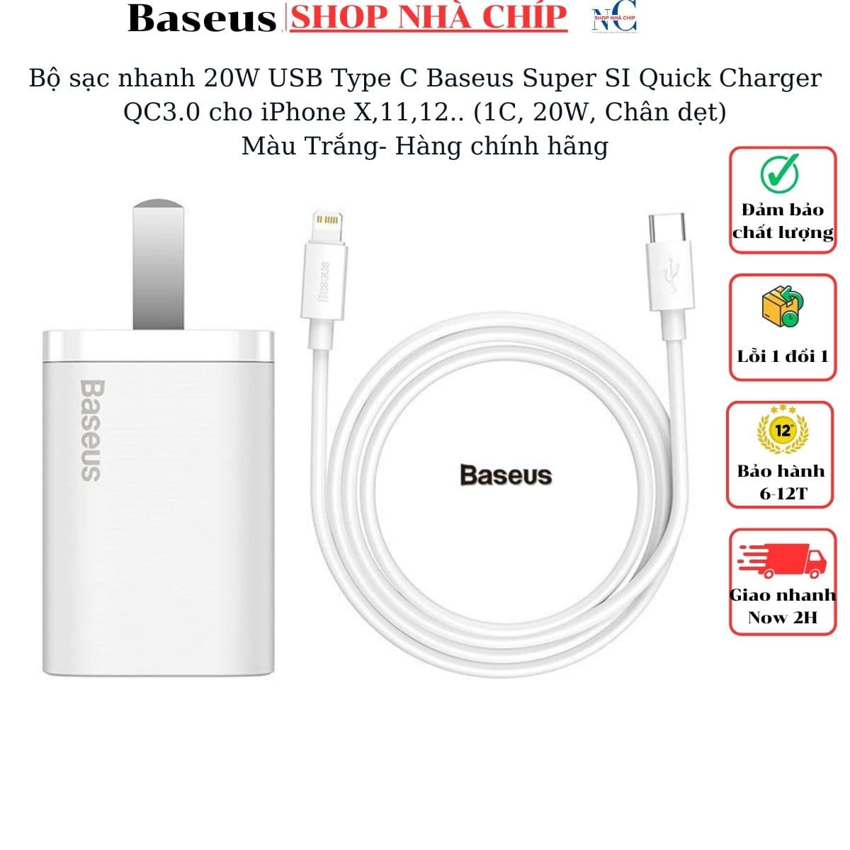 Bộ sạc nhanh 20W USB Type C Baseus Super SI Quick Charger QC3.0 cho iPhone 12 1C, 20W, Chân dẹt - Hàng chính hãng - Màu Trắng